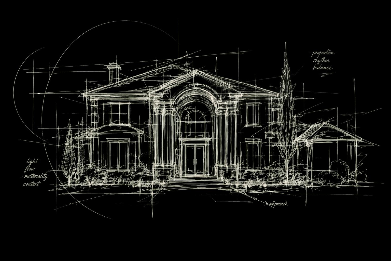A loose pencil concept sketch of a two-story residence — the first exploratory lines of a project