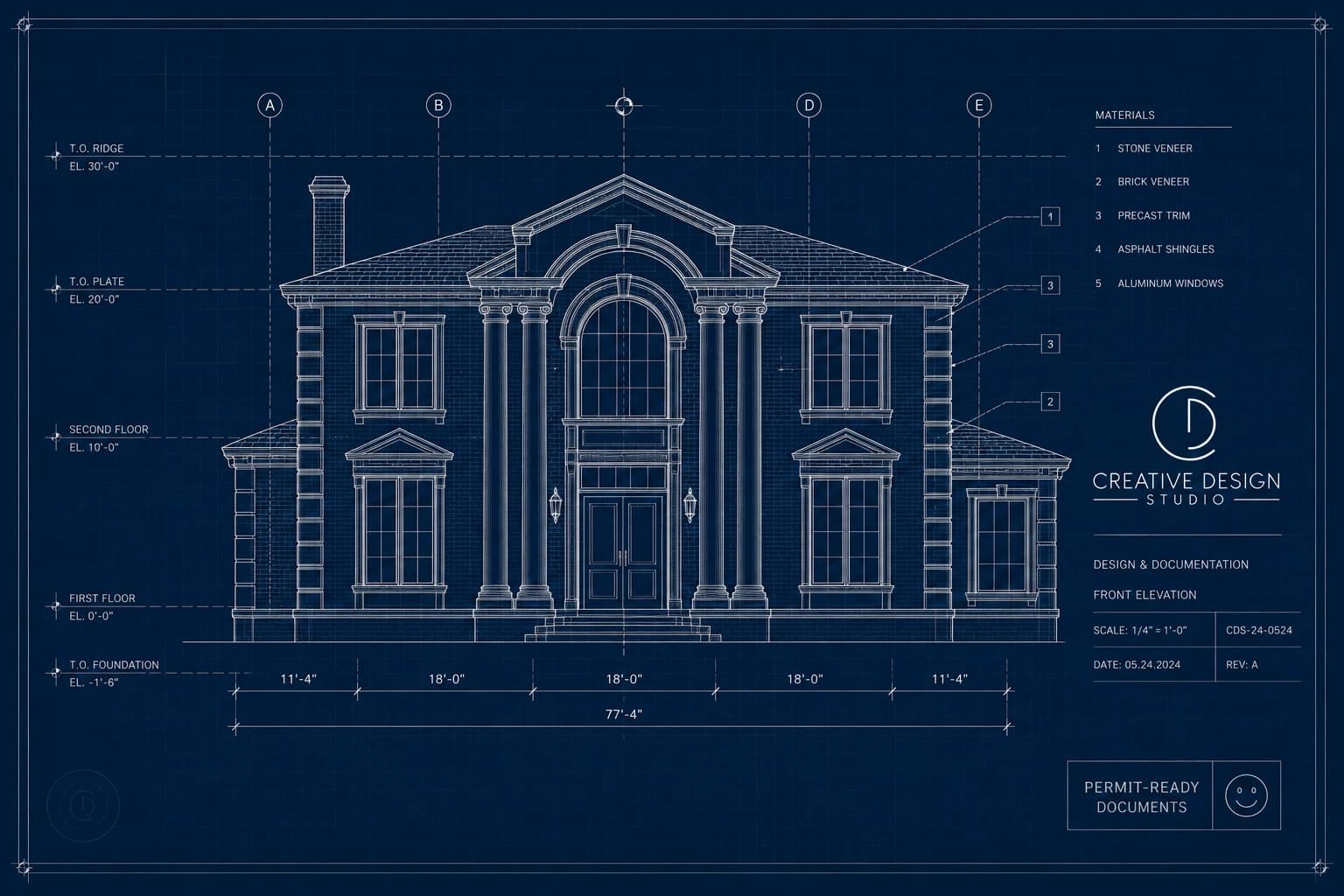 A blue-line architectural elevation of the same residence, dimensioned and annotated as a permit-ready document