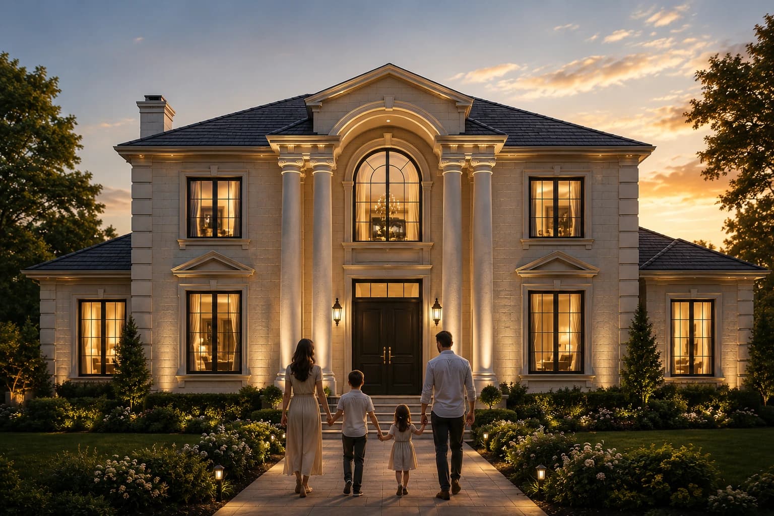 The completed residence at dusk, warmly lit, with a family walking up the front path