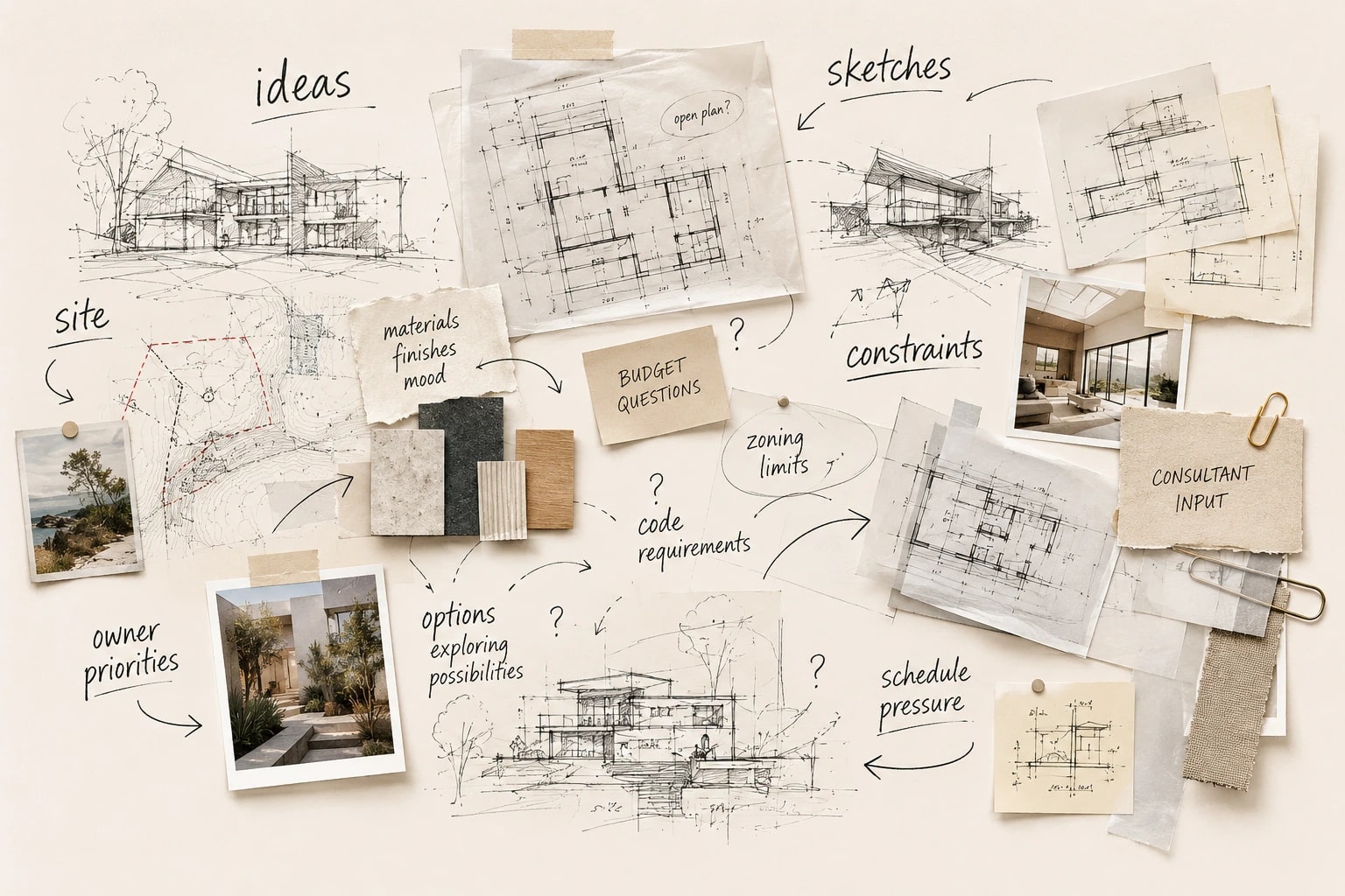 Scattered sketches, sticky notes and drawings — the raw inputs at the start of a project