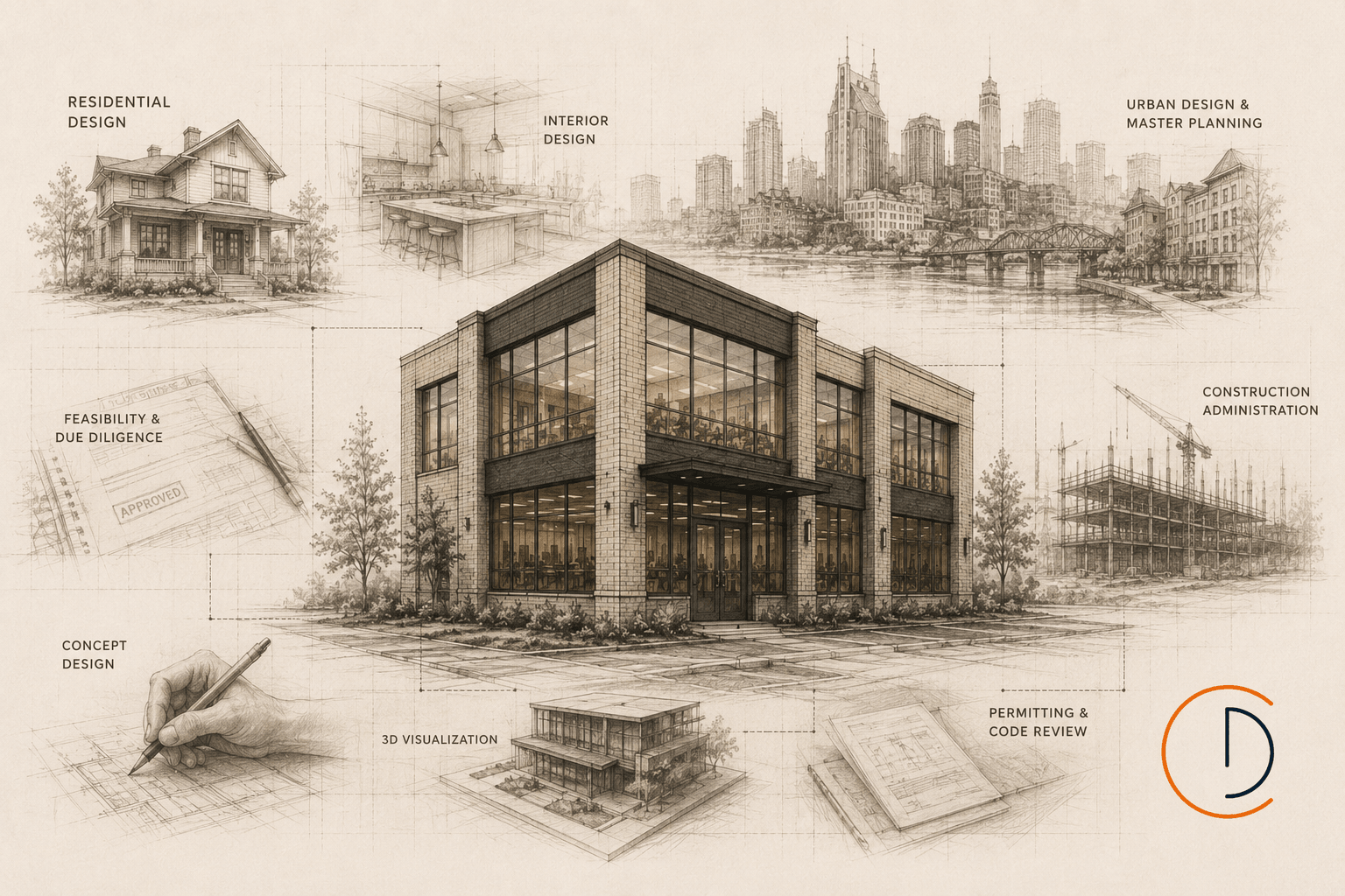 Collage of CD Studio services spanning residential design, interiors, urban planning, construction administration, and permitting