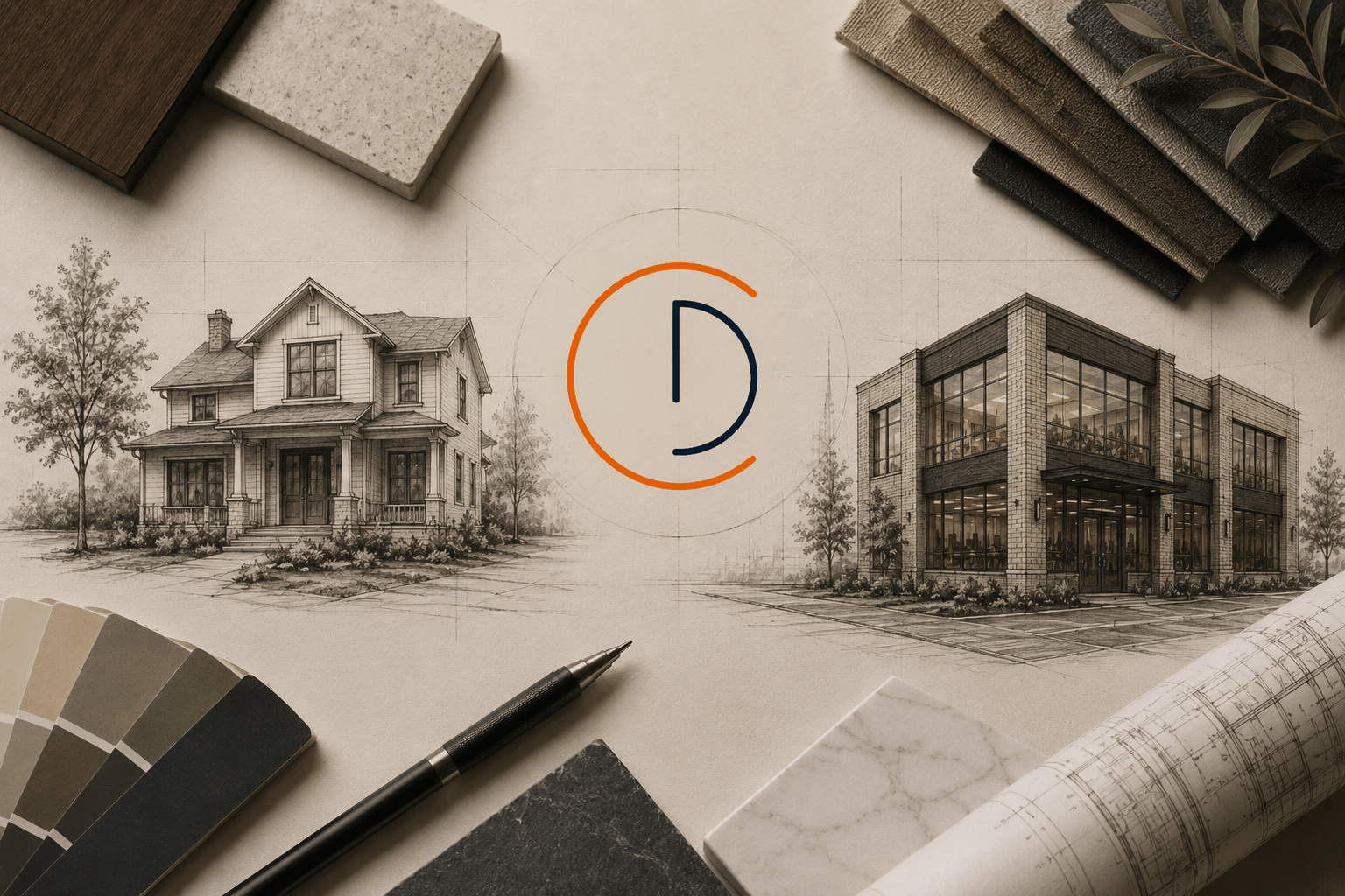 Architectural sketches of residential and commercial buildings with material samples and design tools