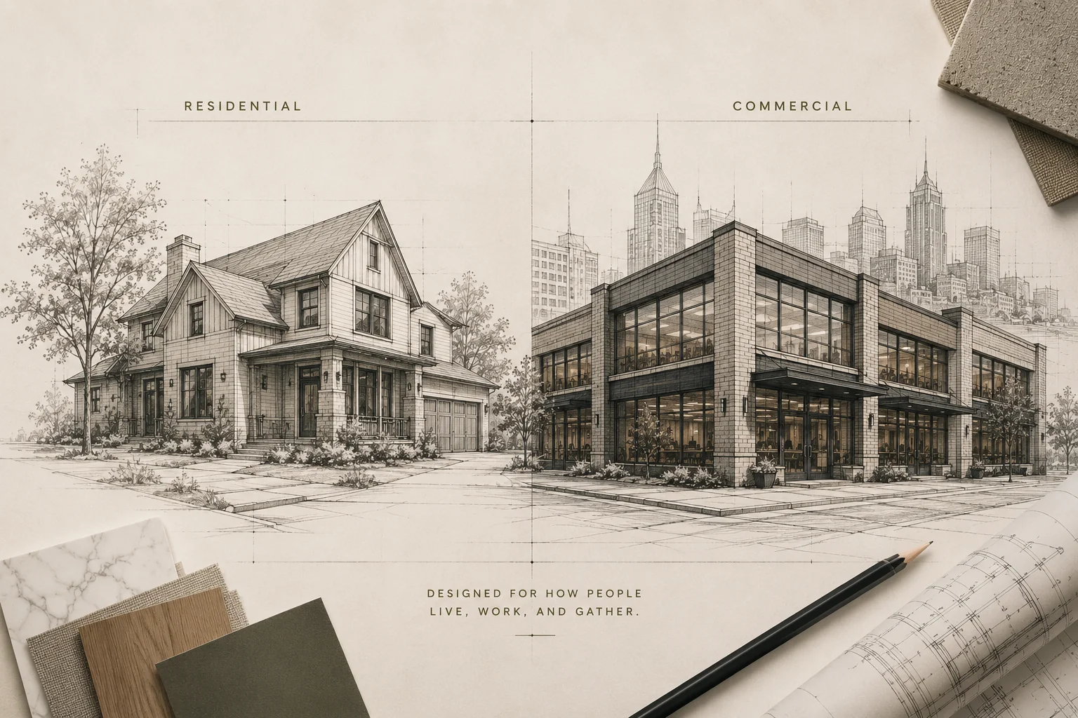 Pencil sketch of a residential home beside a commercial building, labeled residential and commercial, captioned designed for how people live, work, and gather