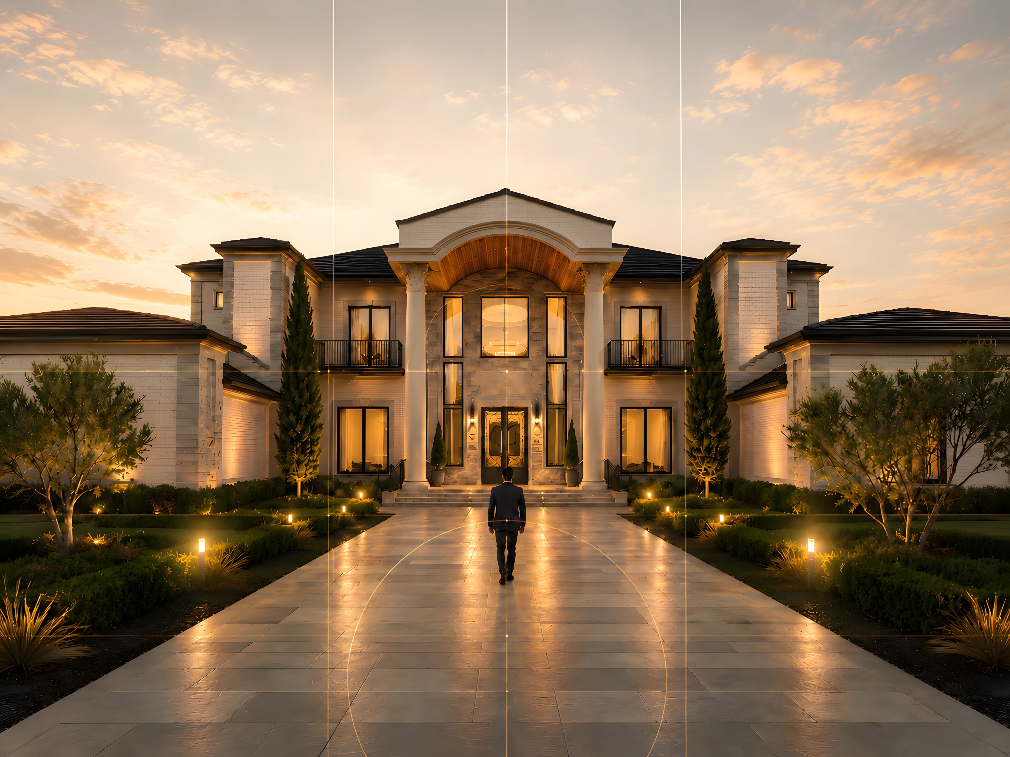 A grand residence designed by CD Studio at golden hour, viewed from the front approach