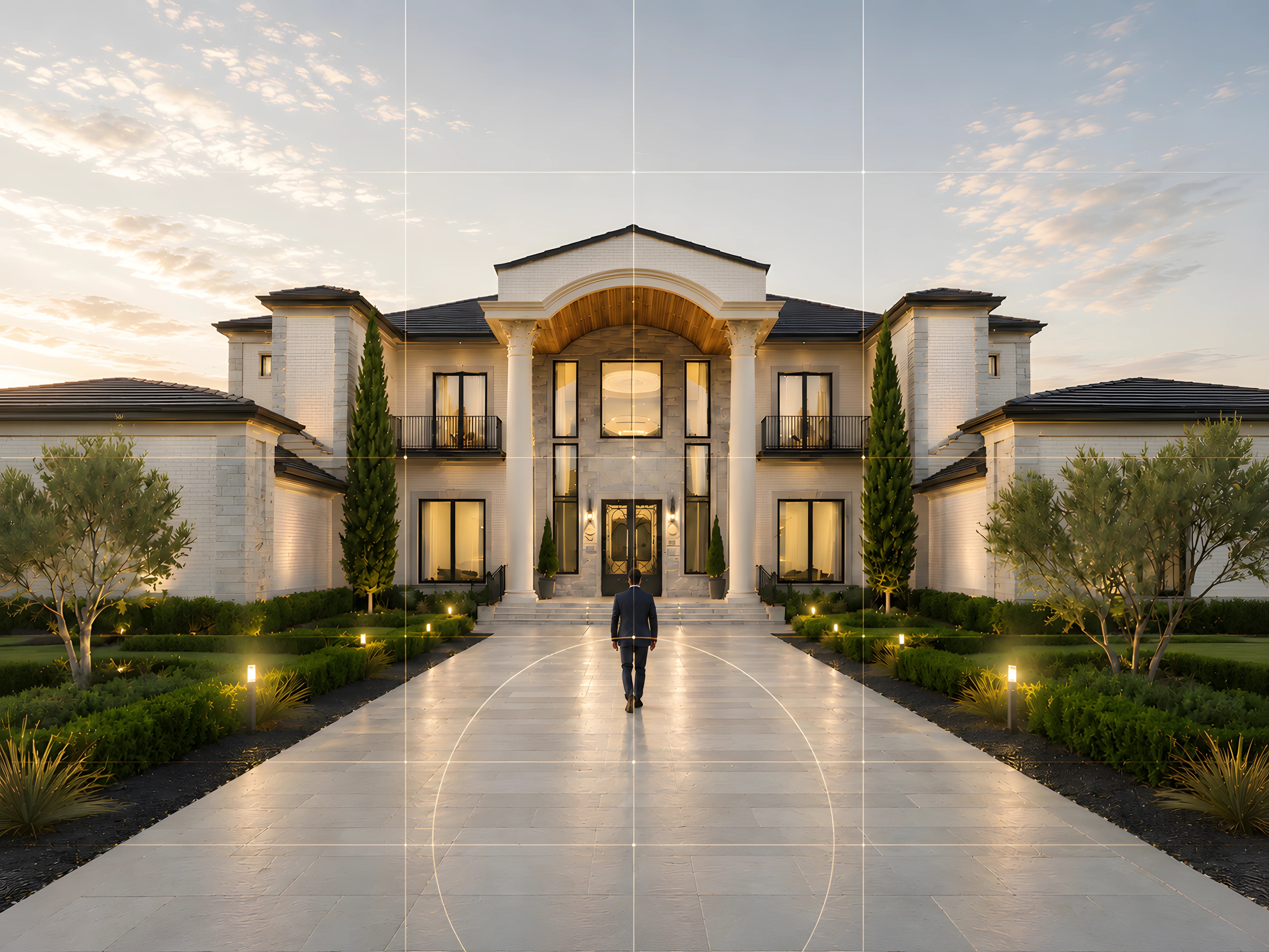 A grand residence designed by CD Studio, viewed from the front approach at dusk